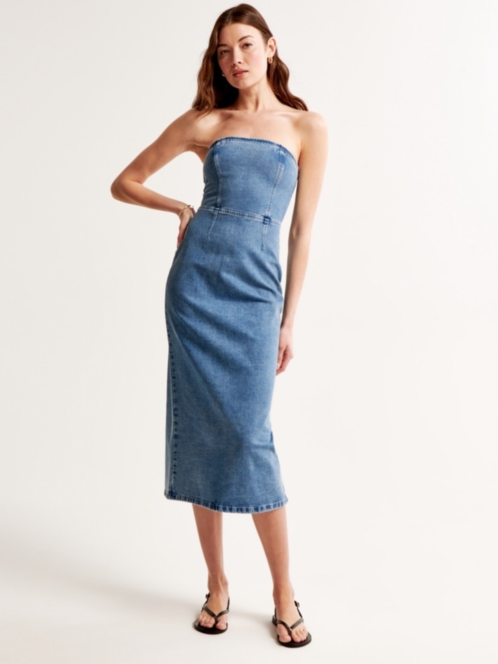 Abercrombie Strapless Medium Wash Denim Midi Dress